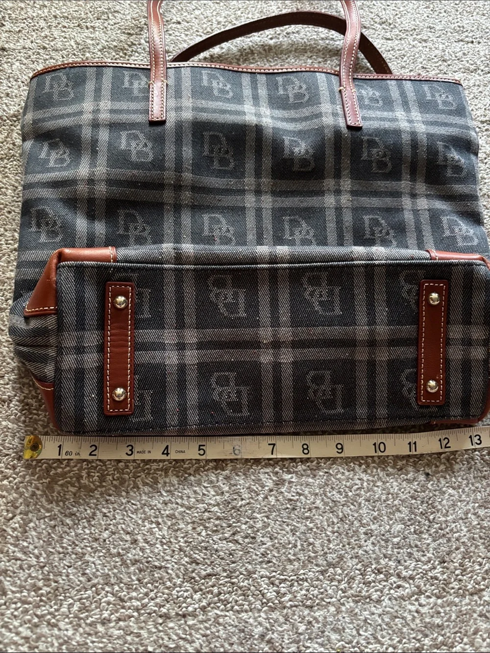 Dooney & Bourke Gray Plaid Canvas Tote with Brown Leather Trim